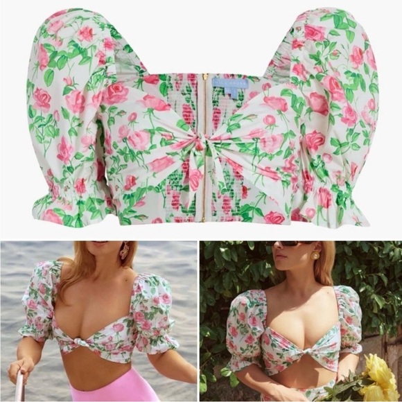 Hill House Isabella Pink Roses Floral Tie Front Puff Sleeve Crop Top NWT - Picture 3 of 12